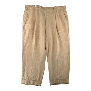 INSERCH Italy 100%‎ Linen Pleated Cropped Mens Pants Khaki Tan Mens Size 46x29.5
